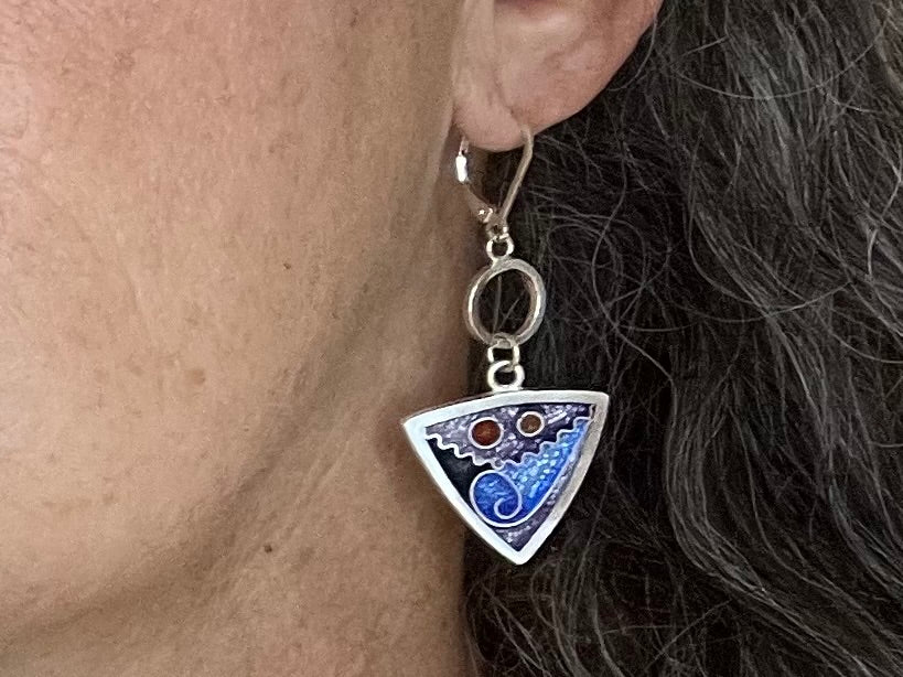 Cloisonné Enameled Triangle with Silver Washer Earrings-Ice Color Palette