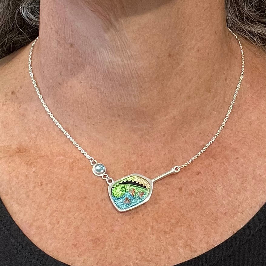 Cloisonné Enameled Pickleball Paddle & Ball Necklace - Meadow