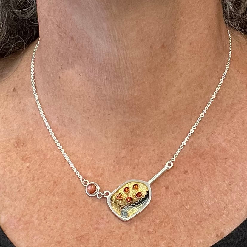 Cloisonné Enameled Pickleball Paddle & Ball Necklace - Earth Color Palette
