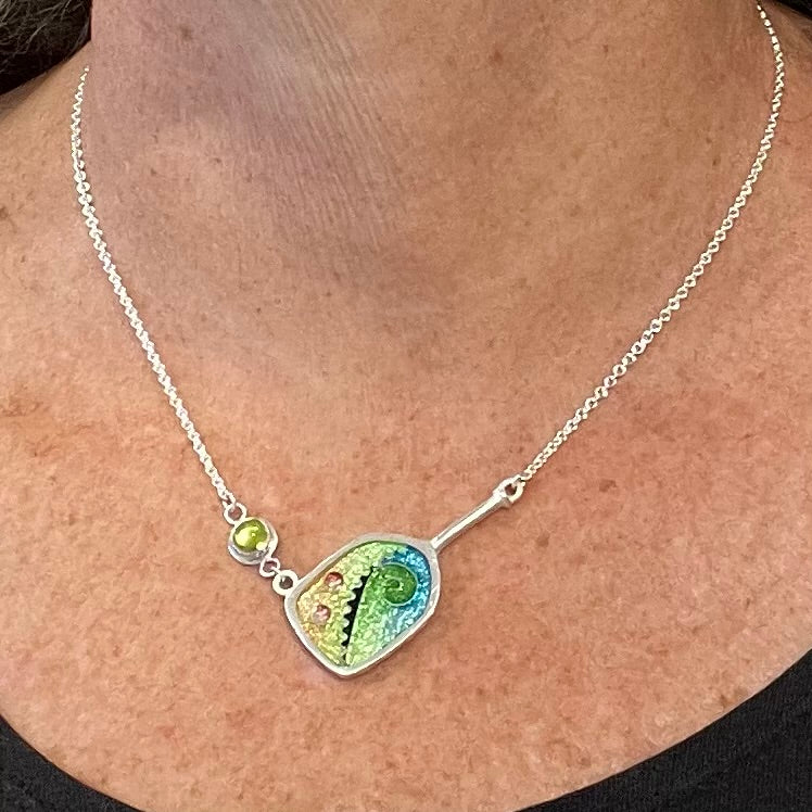 Cloisonné Enameled Pickleball Paddle & Ball Necklace - Meadow