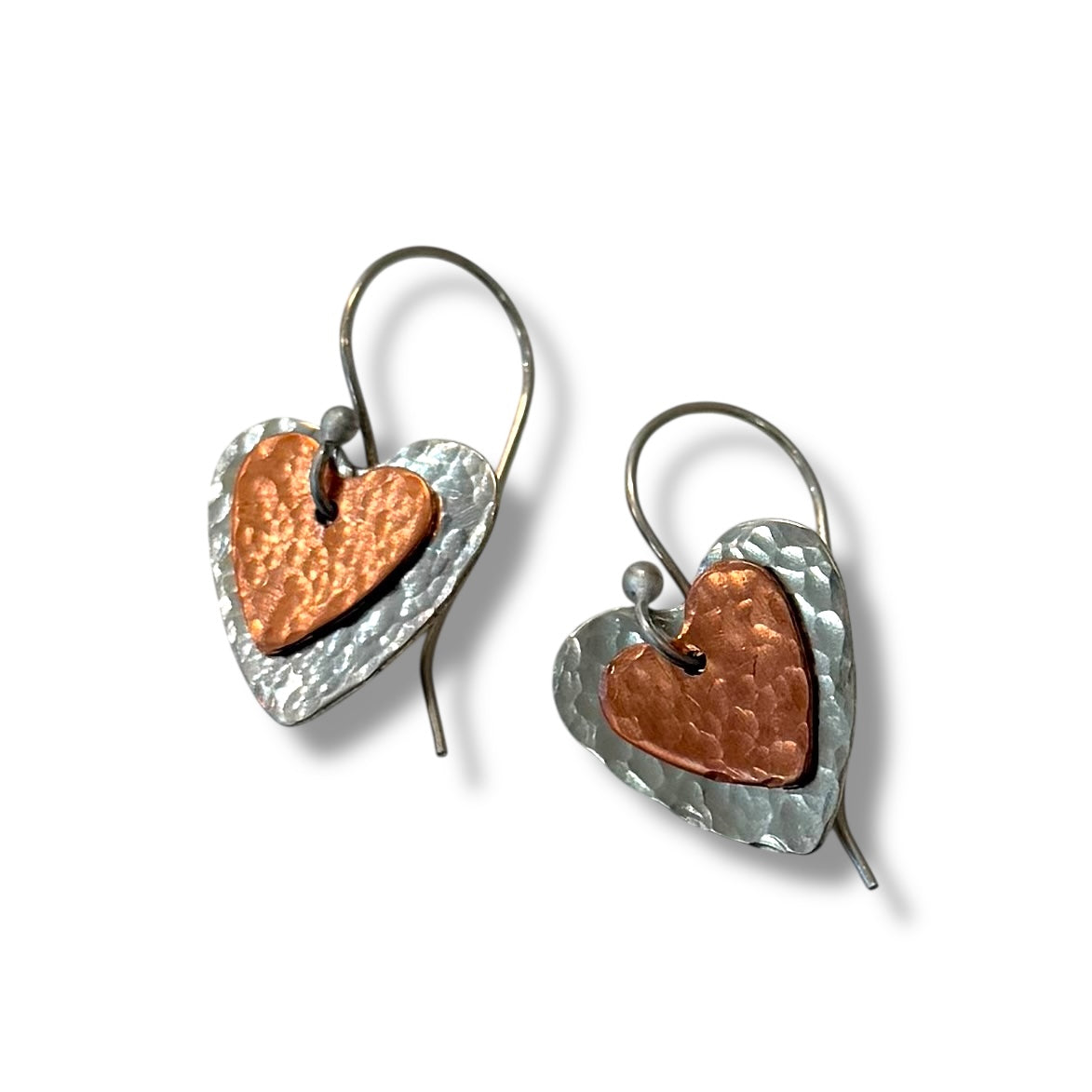 Hammered Silver and Copper Heart Earrings ( 1 Hour )