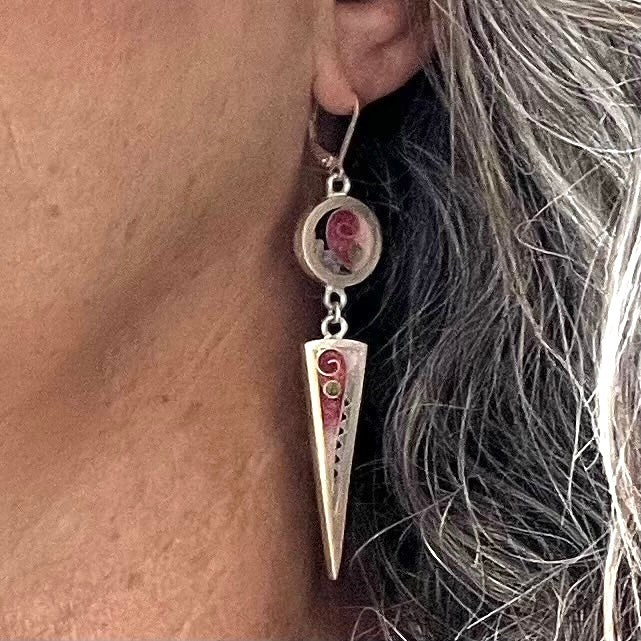 Cloisonné Enameled Circle/Triangle Earrings – Cherry Blossom Color Palette