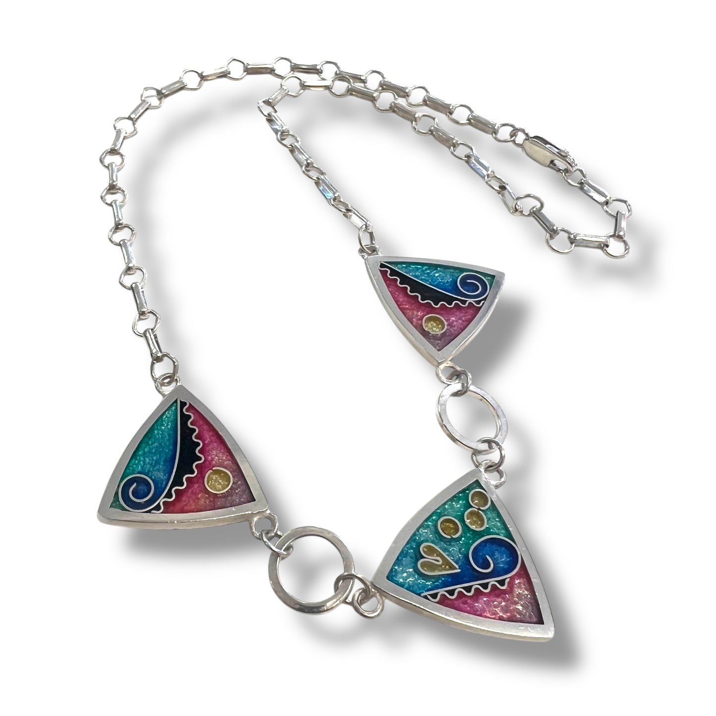 Cloisonné Enameled 3 Triangle Necklace - Ocean Color Palette