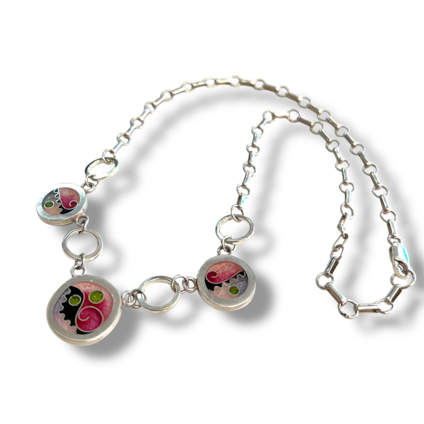Cloisonné Enameled Square/Two Circle Necklace - Cherry Blossom Color Palette