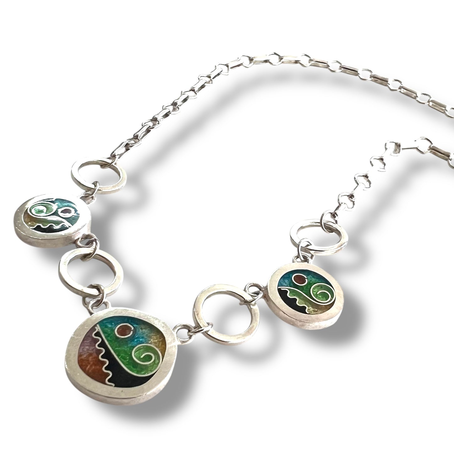 Cloisonné Enameled Square/Two Circle Necklace - Meadow Color Palette