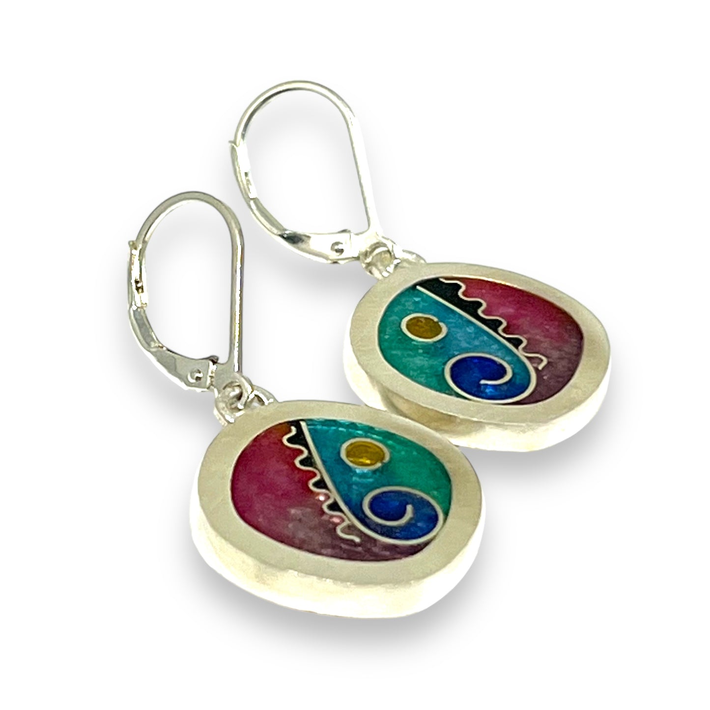 Cloisonné Enameled Rounded Square Hanging Earrings-Ocean Color Palette