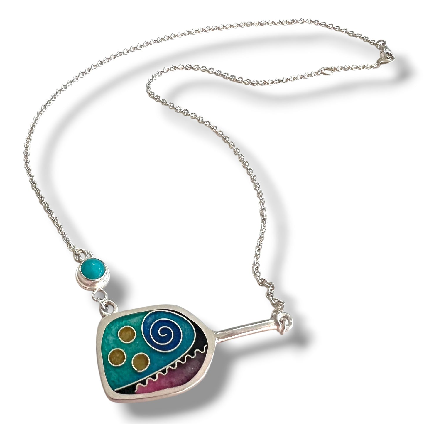 Cloisonné Enameled Pickleball Paddle & Ball Necklace - Ocean Color Palette