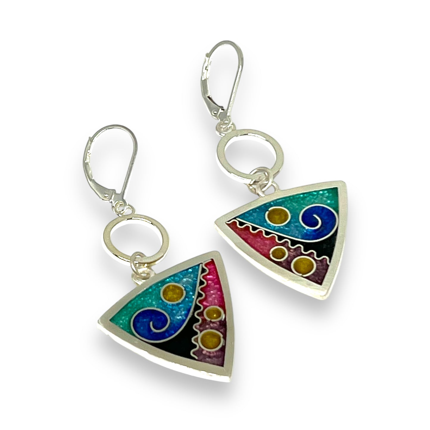Cloisonné Enameled Triangle Hanging Earrings-Ocean Color Palette