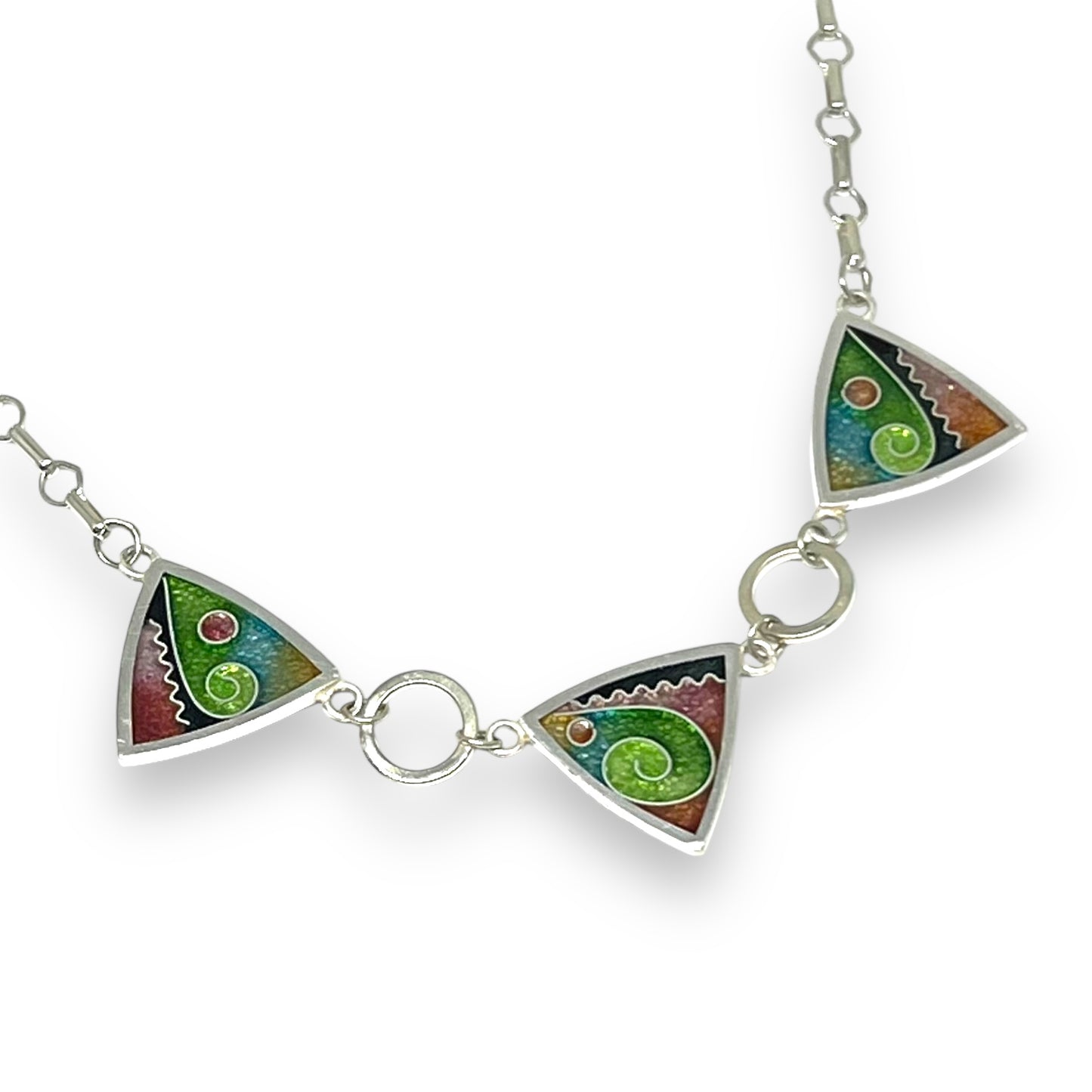Cloisonné Enameled 3 Triangle Necklace - Meadow Color Palette