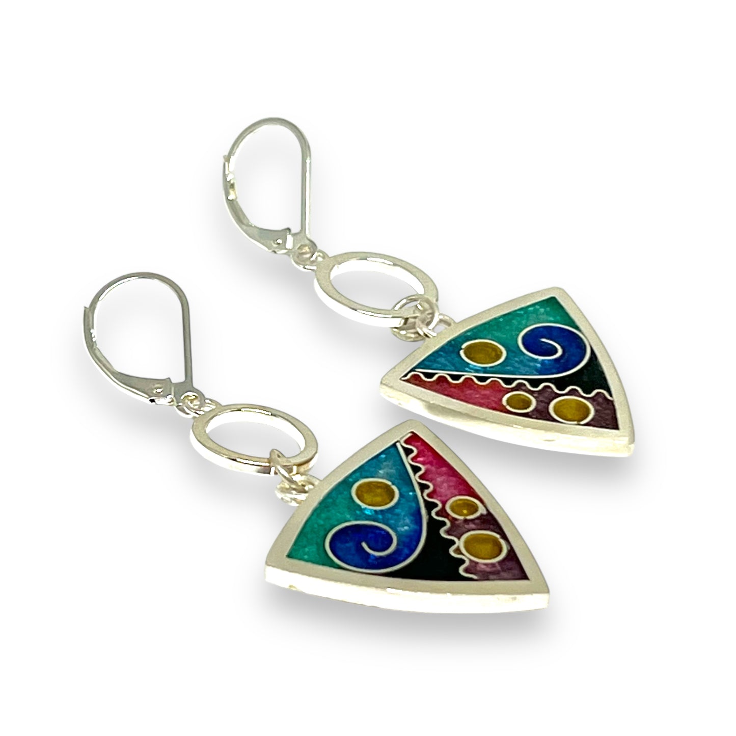 Cloisonné Enameled Triangle Hanging Earrings-Ocean Color Palette