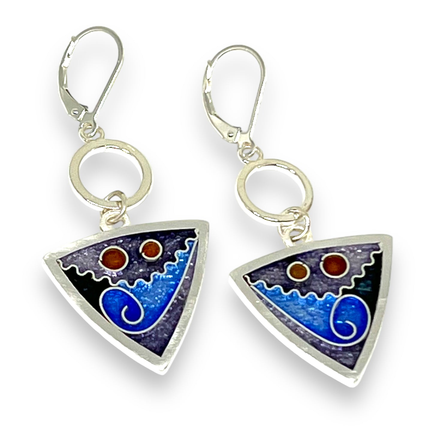 Cloisonné Enameled Triangle with Silver Washer Earrings-Ice Color Palette