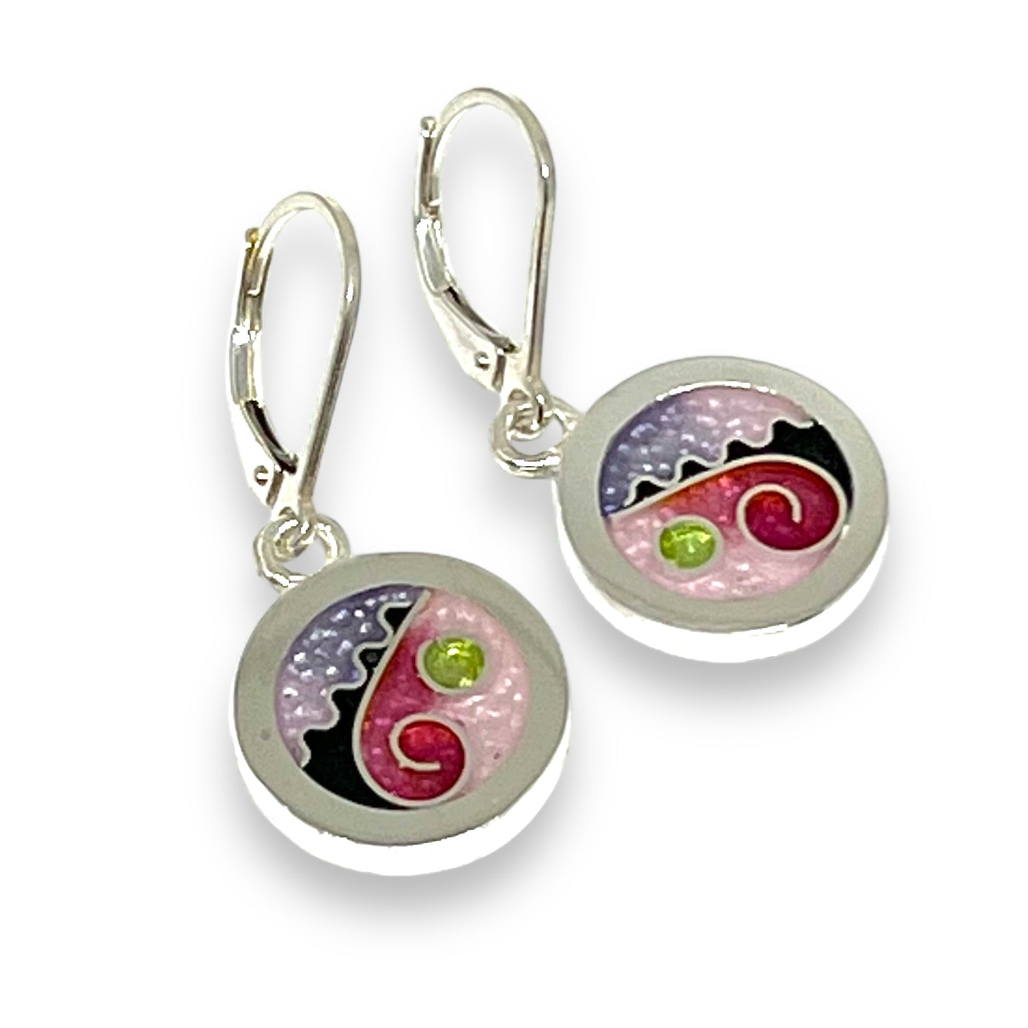 Cloisonné Enameled Circle Hanging Earrings - Cherry Blossom Color Palette