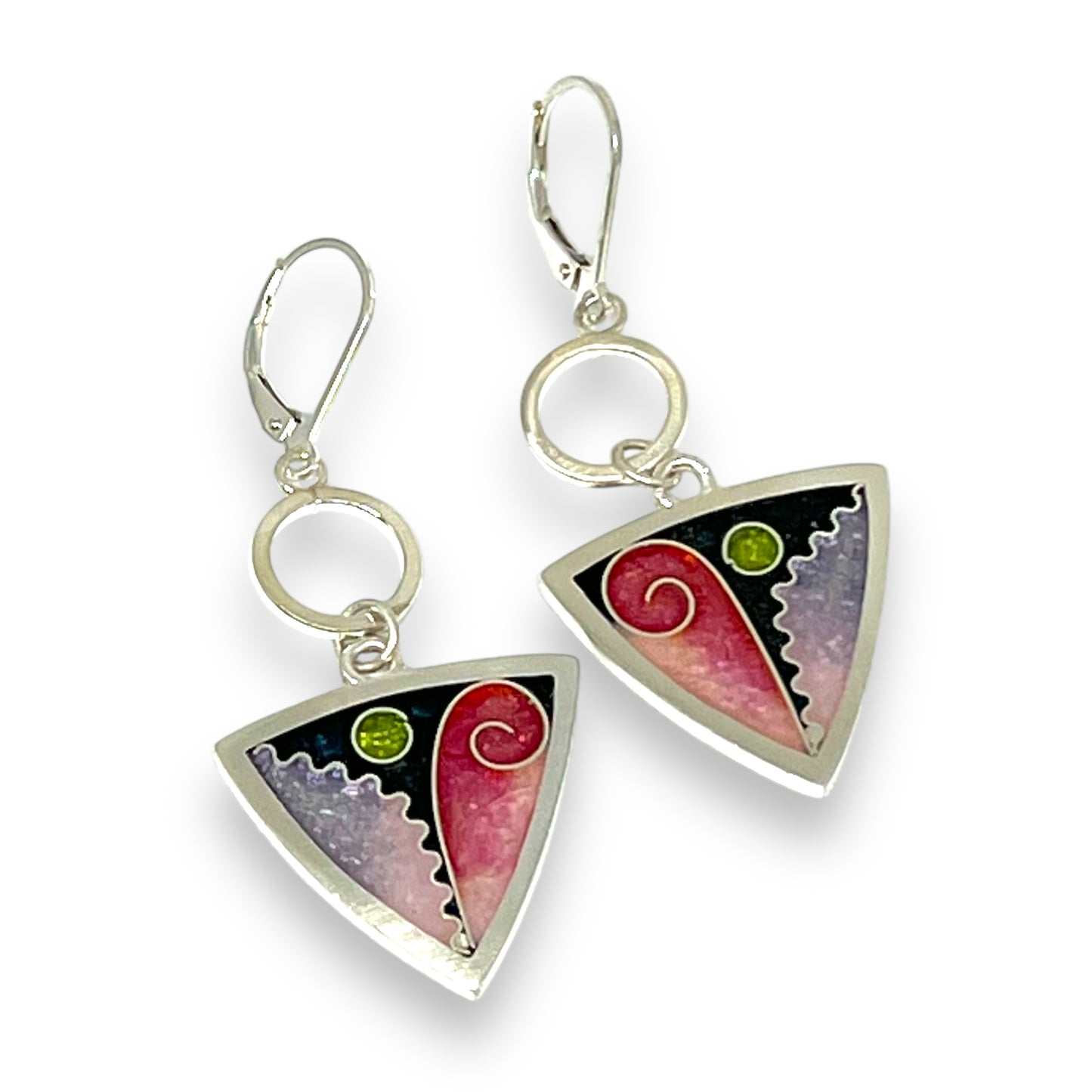 Cloisonné Enameled Triangle Earrings with Silver Washers - Cherry Blossom Color Palette