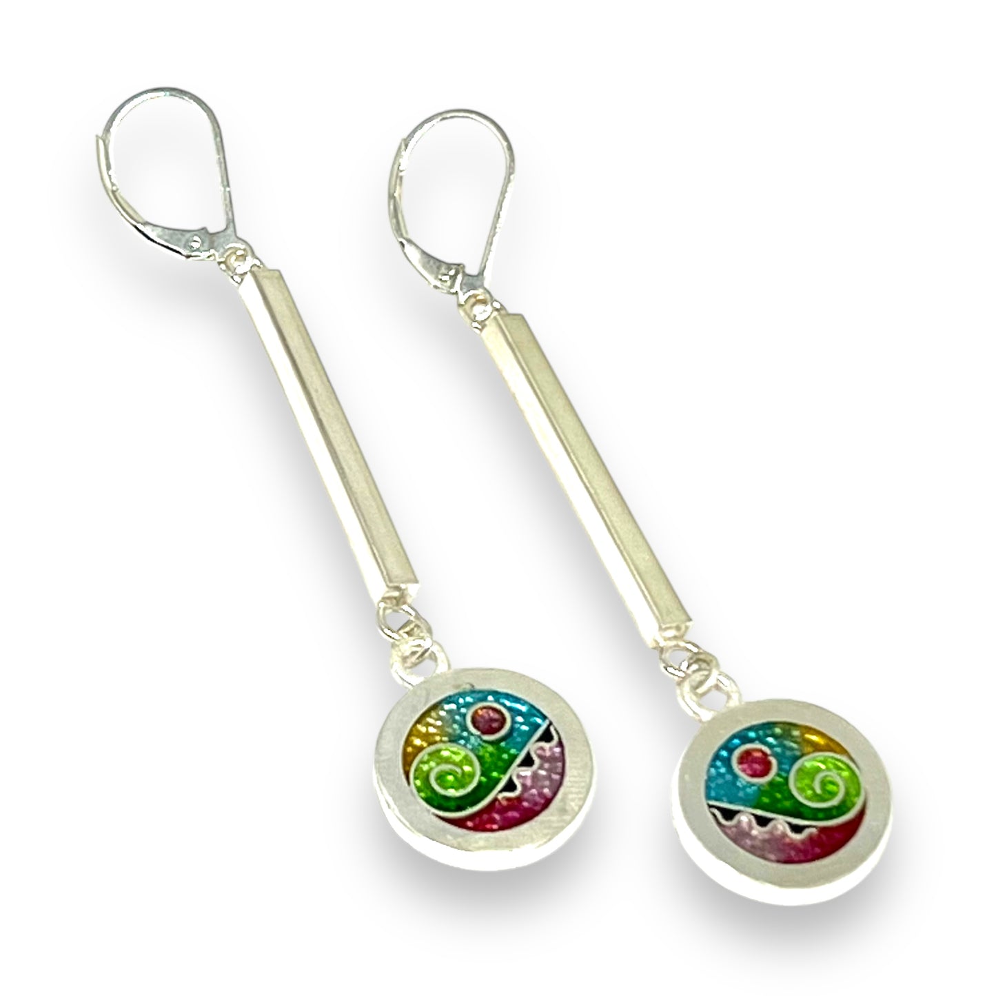 Cloisonné Enameled Circle/Bar Earrings - Meadow Color Palette