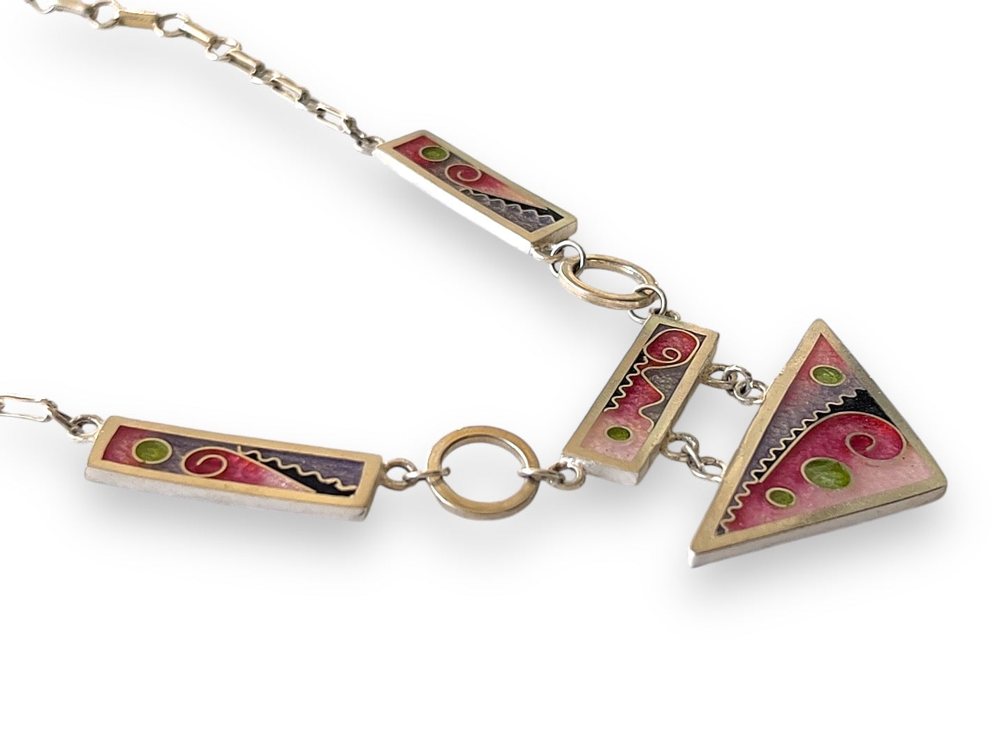 Cloisonné Enameled Triangle with 3 Rectangles Necklace-Cherry Blossom Color Palette