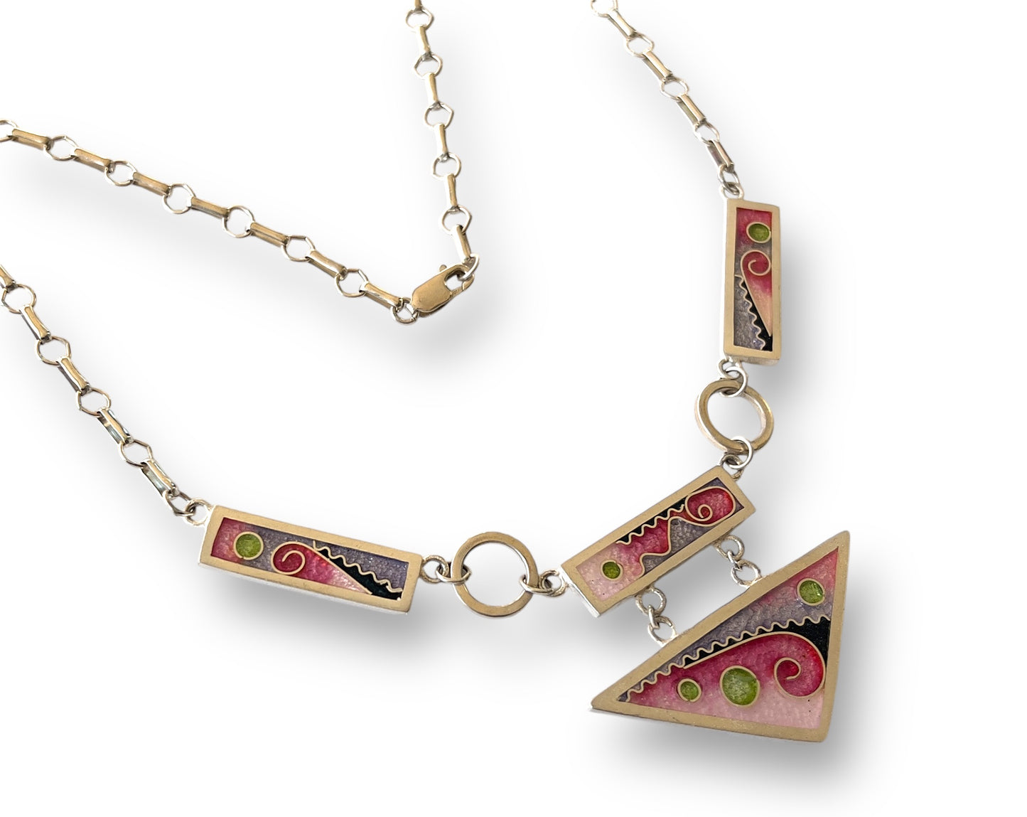 Cloisonné Enameled Triangle with 3 Rectangles Necklace-Cherry Blossom Color Palette