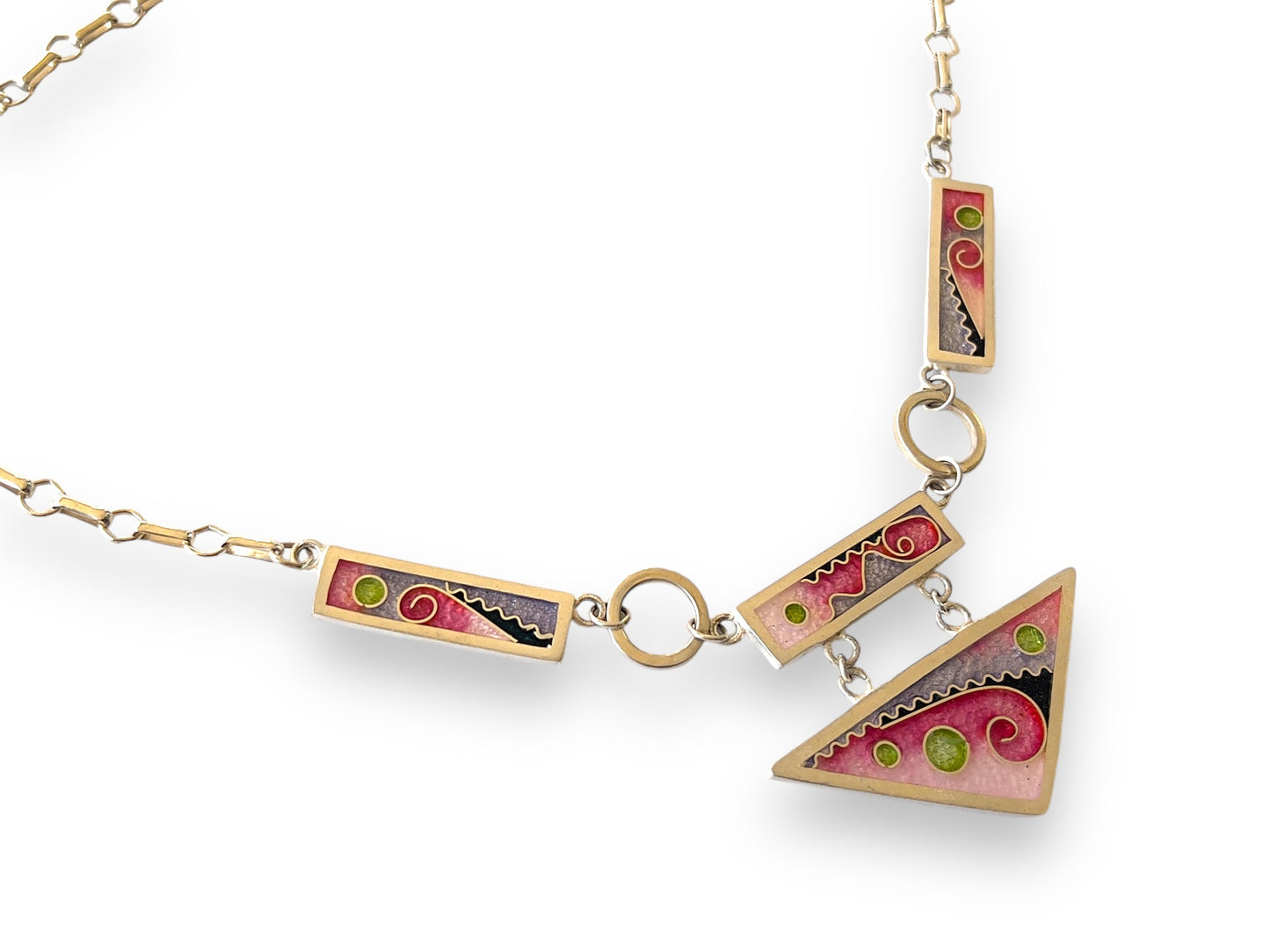 Cloisonné Enameled Triangle with 3 Rectangles Necklace-Cherry Blossom Color Palette