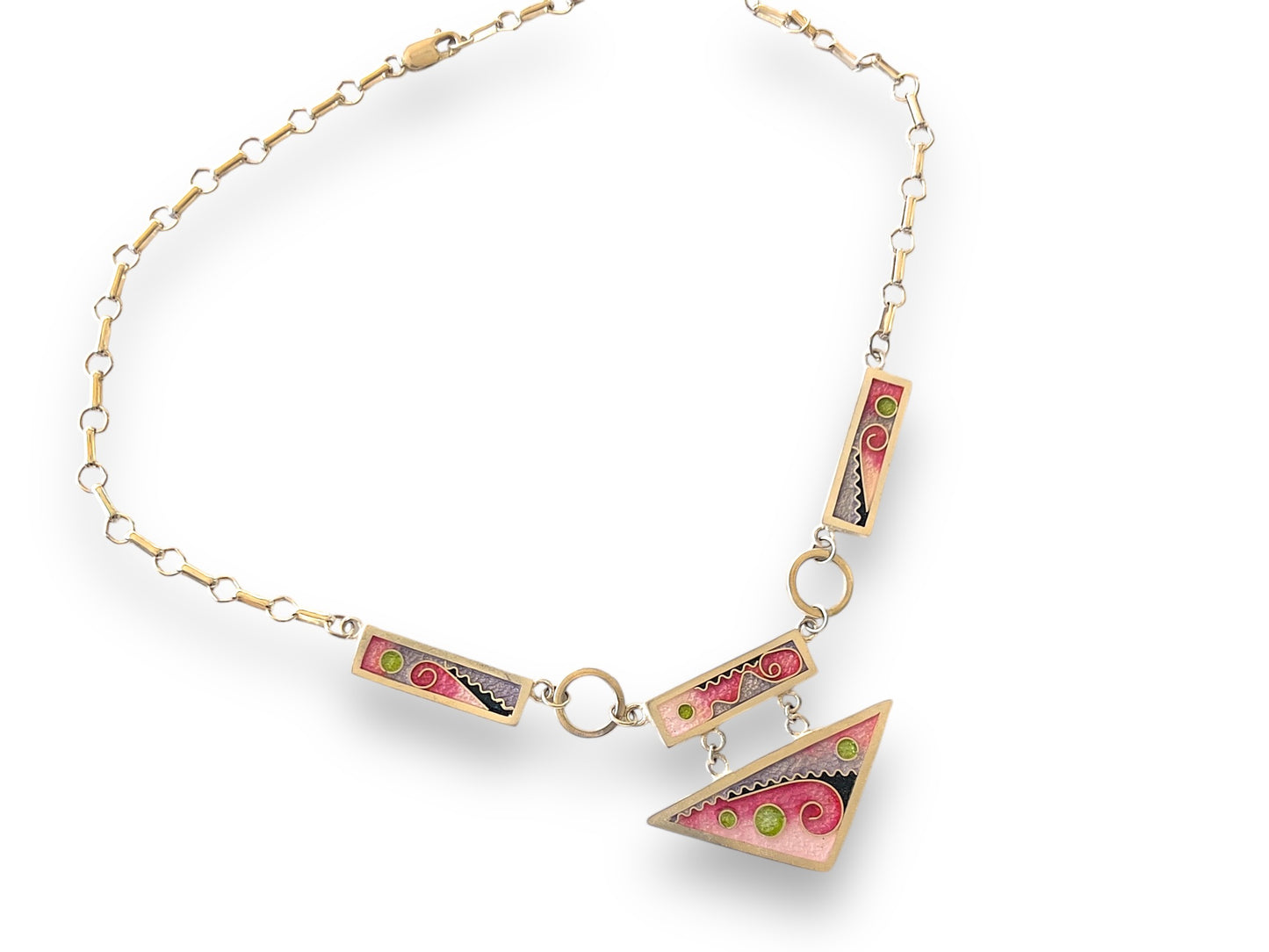 Cloisonné Enameled Triangle with 3 Rectangles Necklace-Cherry Blossom Color Palette