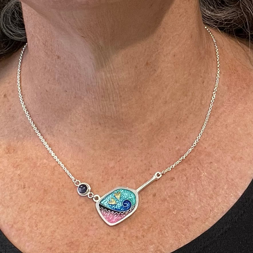 Cloisonné Enameled Pickleball Paddle and Ball Necklace - Ocean Color Palette