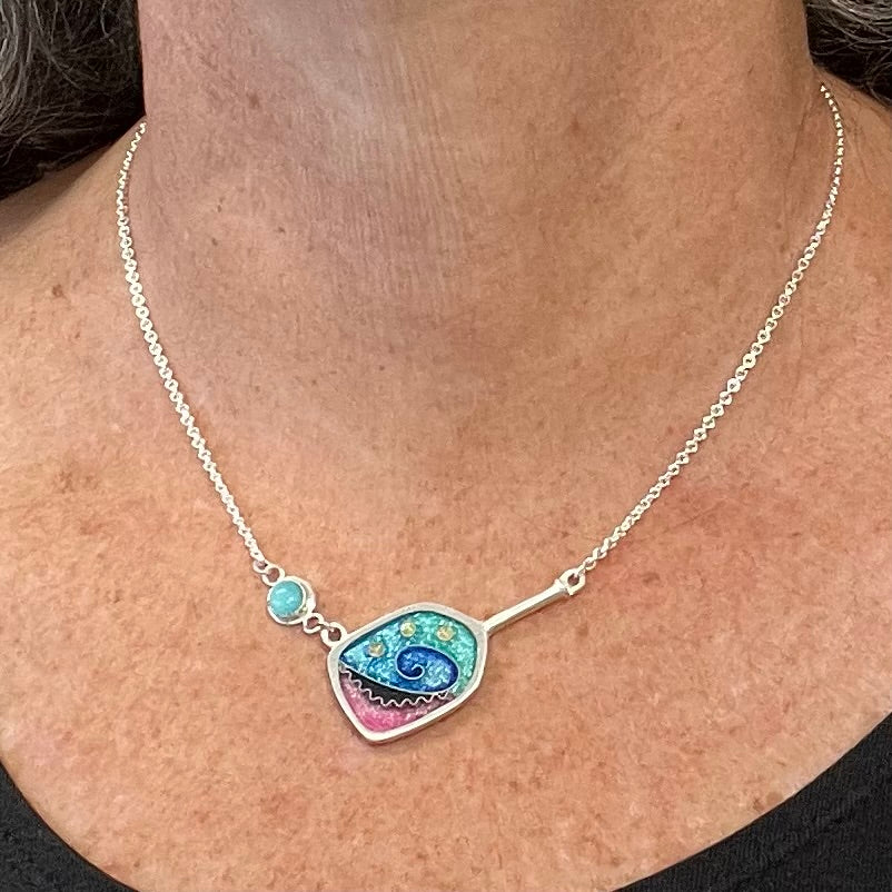 Cloisonné Enameled Pickleball Paddle and Ball Necklace - Ocean Color Palette