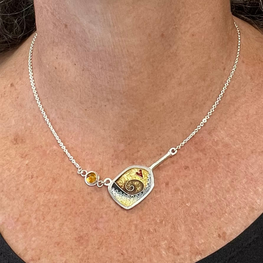Cloisonné Enameled Pickleball Paddle & Ball Necklace -  Earth Color Palette