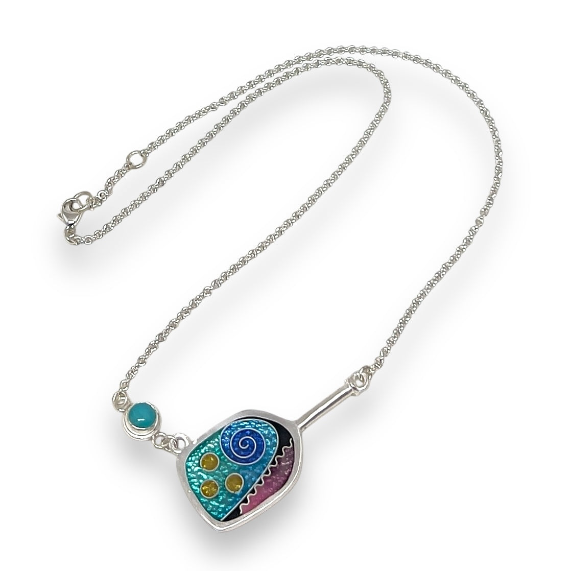 Cloisonné Enameled Pickleball Paddle and Ball Necklace-Ocean Color Palette