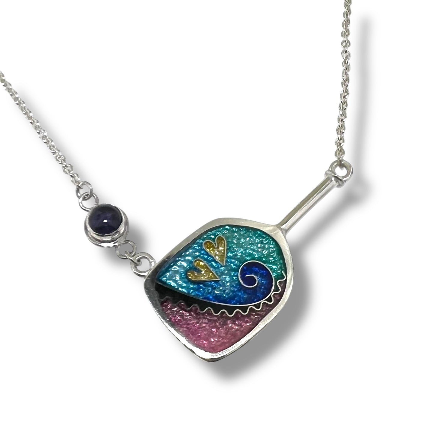 Cloisonné Enameled Pickleball Paddle and Ball Necklace - Ocean Color Palette