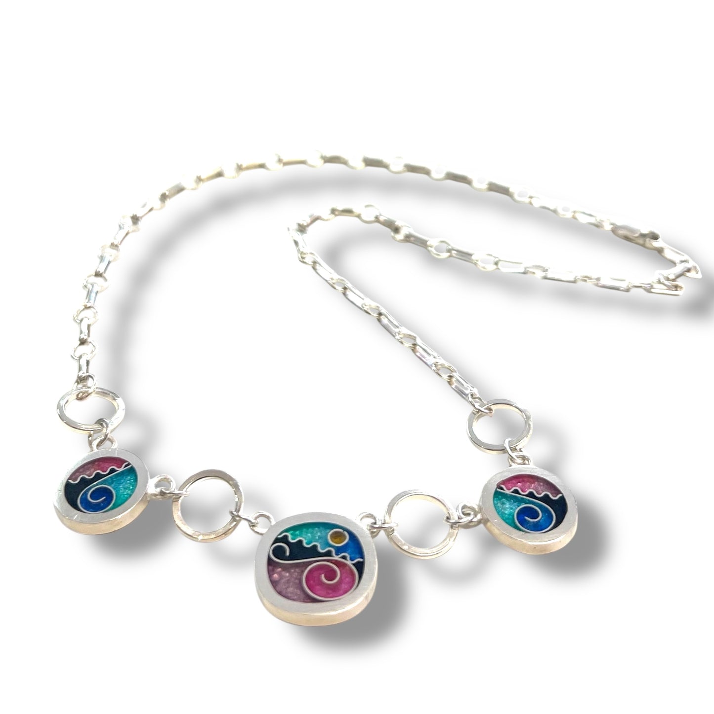 Cloisonné Enameled Square/Two Circle Necklace - Ocean Color Palette