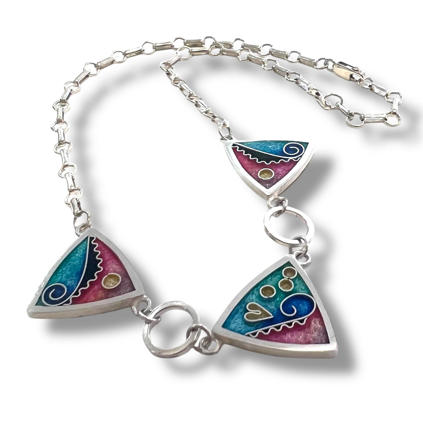 Cloisonné Enameled 3 Triangle Necklace - Ocean Color Palette