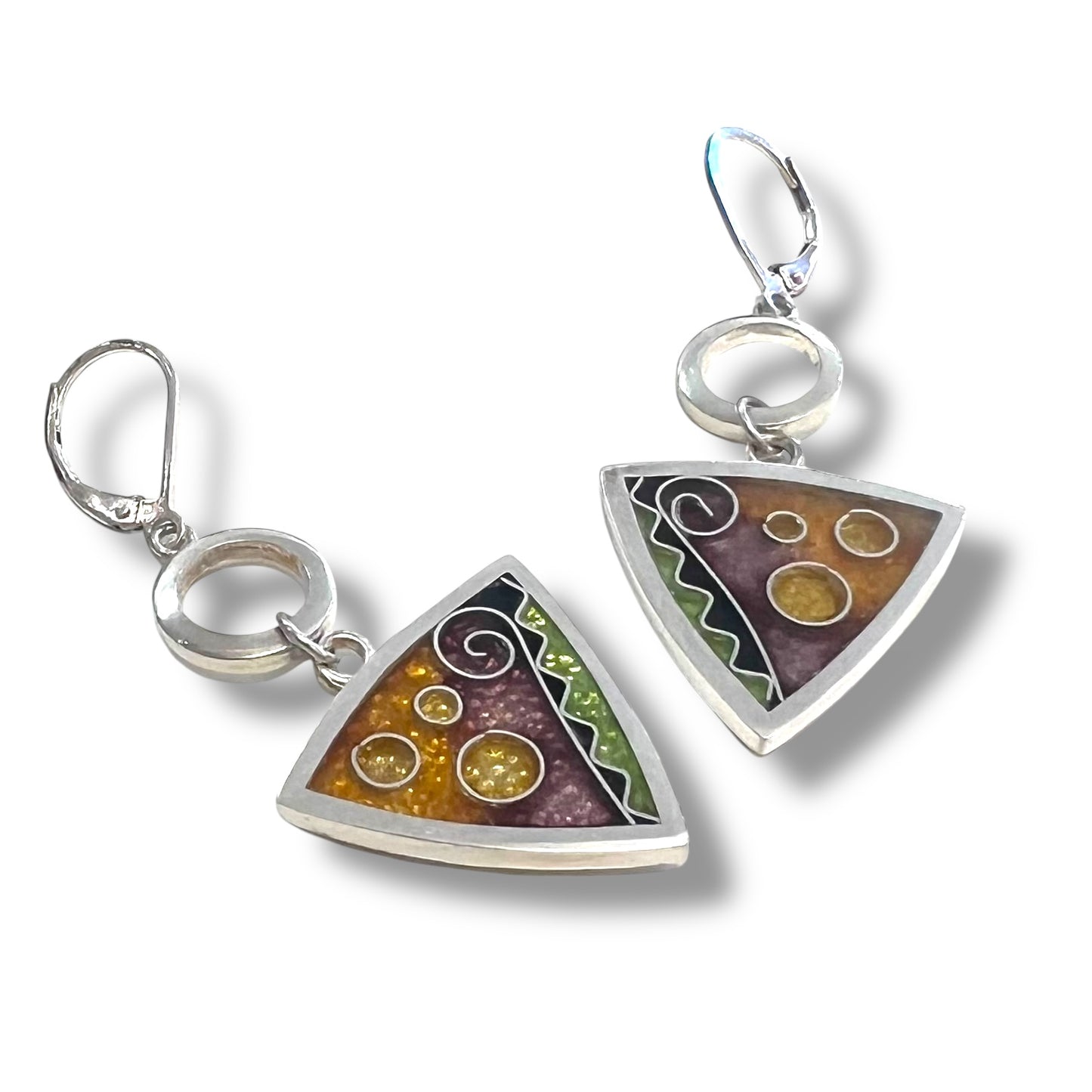 Cloisonné Enameled Triangle Earrings with Silver Washers - Desert Color Palette