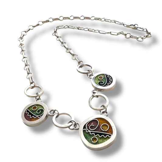 Cloisonné Enameled Square/Two Circle Necklace - Desert Color Palette