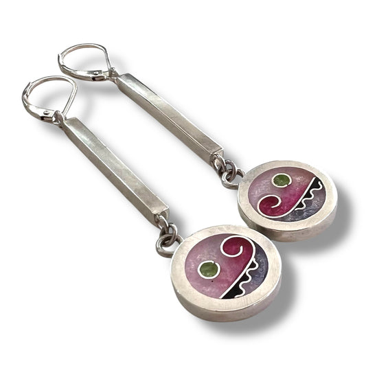 Cloisonné Enameled Circle/Bar Earrings - Cherry Blossom Color Palette