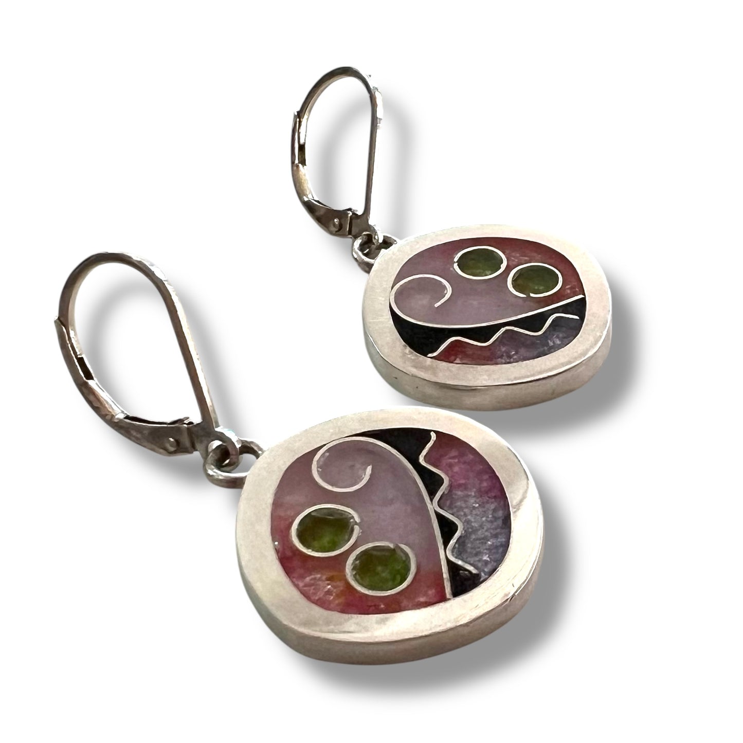 Cloisonné Enameled Rounded Square Hanging Earrings - Cherry Blossom Color Palette