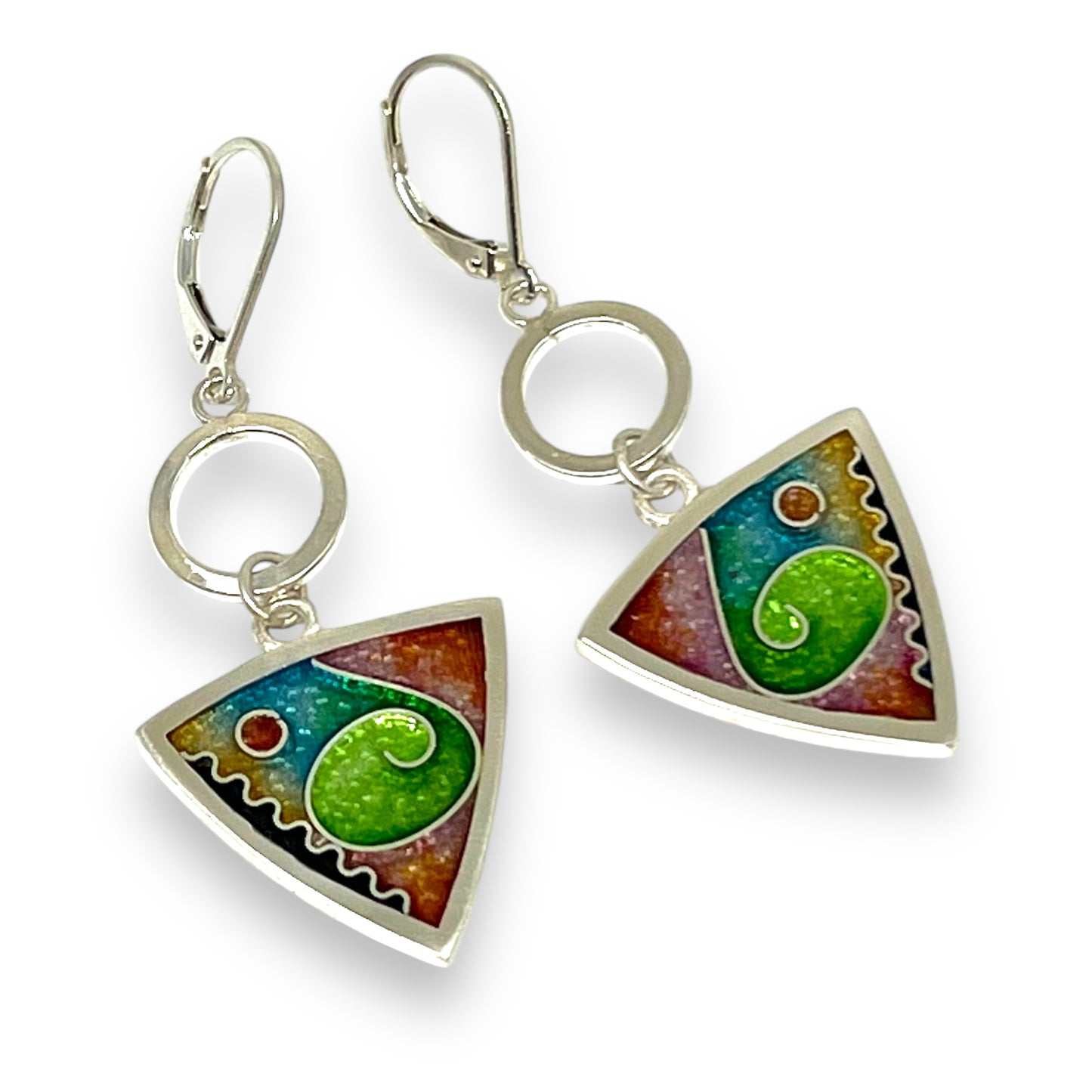 Cloisonné Enameled Triangle Hanging Earrings with Silver Washers– Meadow Color Palette