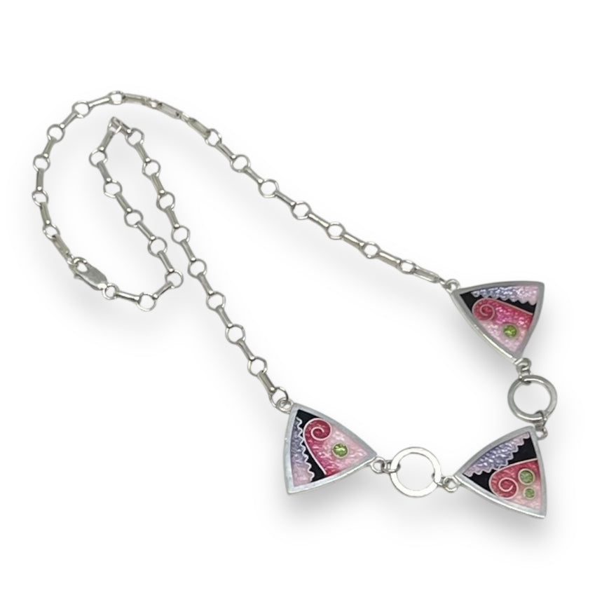 Cloisonné Enameled 3 Triangle Necklace-Cherry Blossom Color Palette