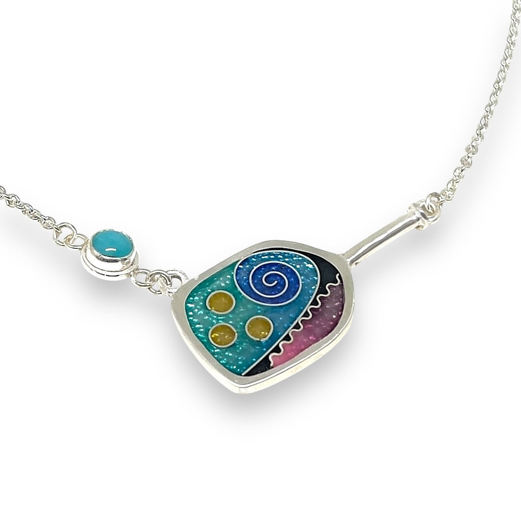 Cloisonné Enameled Pickleball Paddle and Ball Necklace-Ocean Color Palette