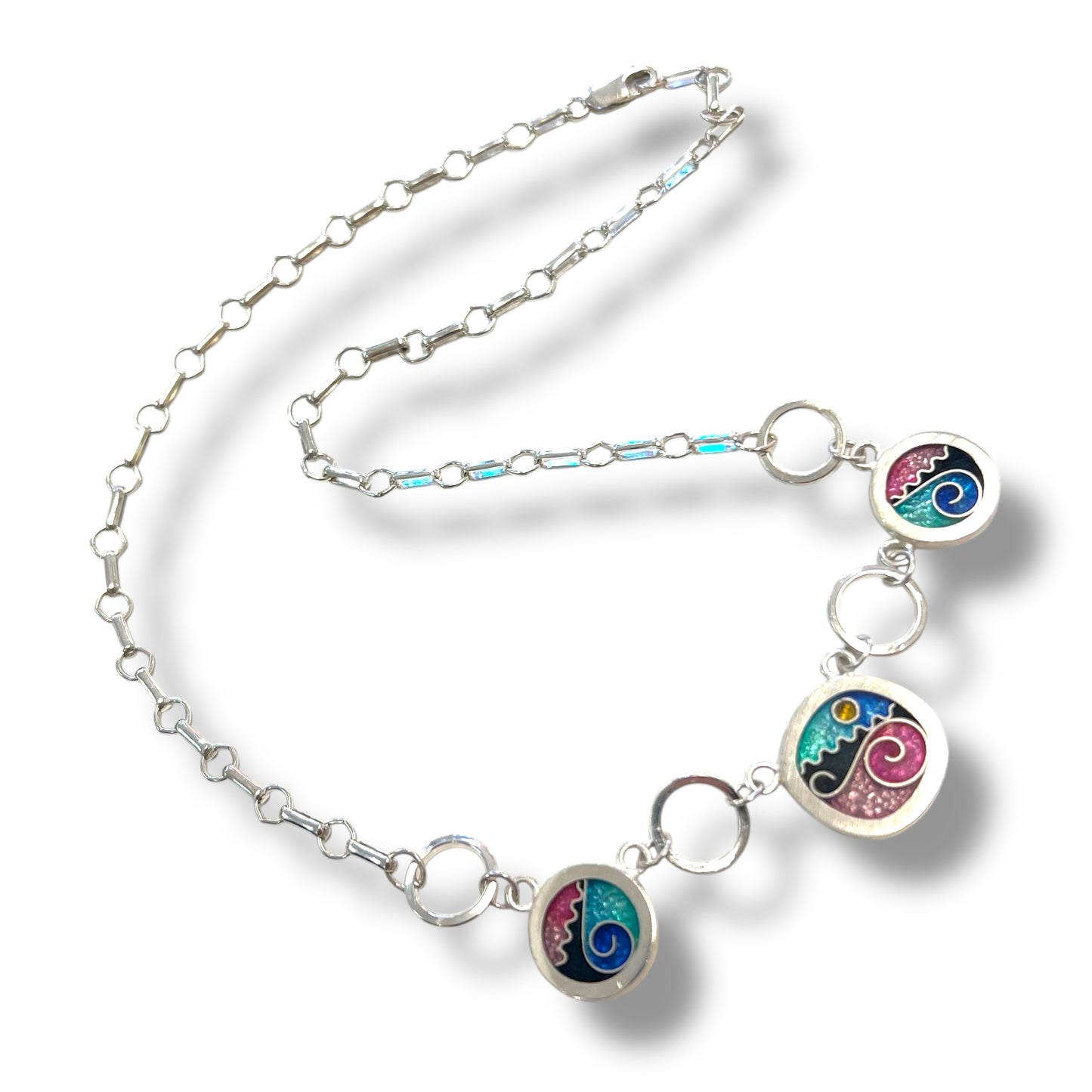 Cloisonné Enameled Square/Two Circle Necklace - Ocean Color Palette
