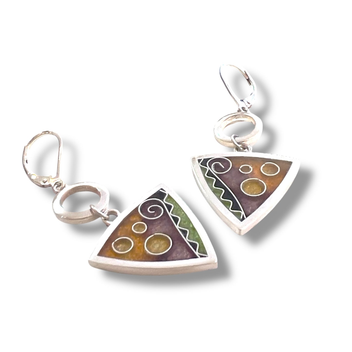 Cloisonné Enameled Triangle Earrings with Silver Washers - Desert Color Palette