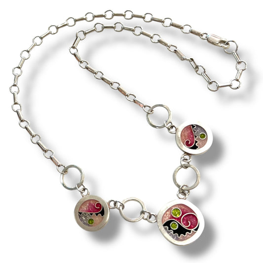 Cloisonné Enameled Square/Two Circle Necklace - Cherry Blossom Color Palette