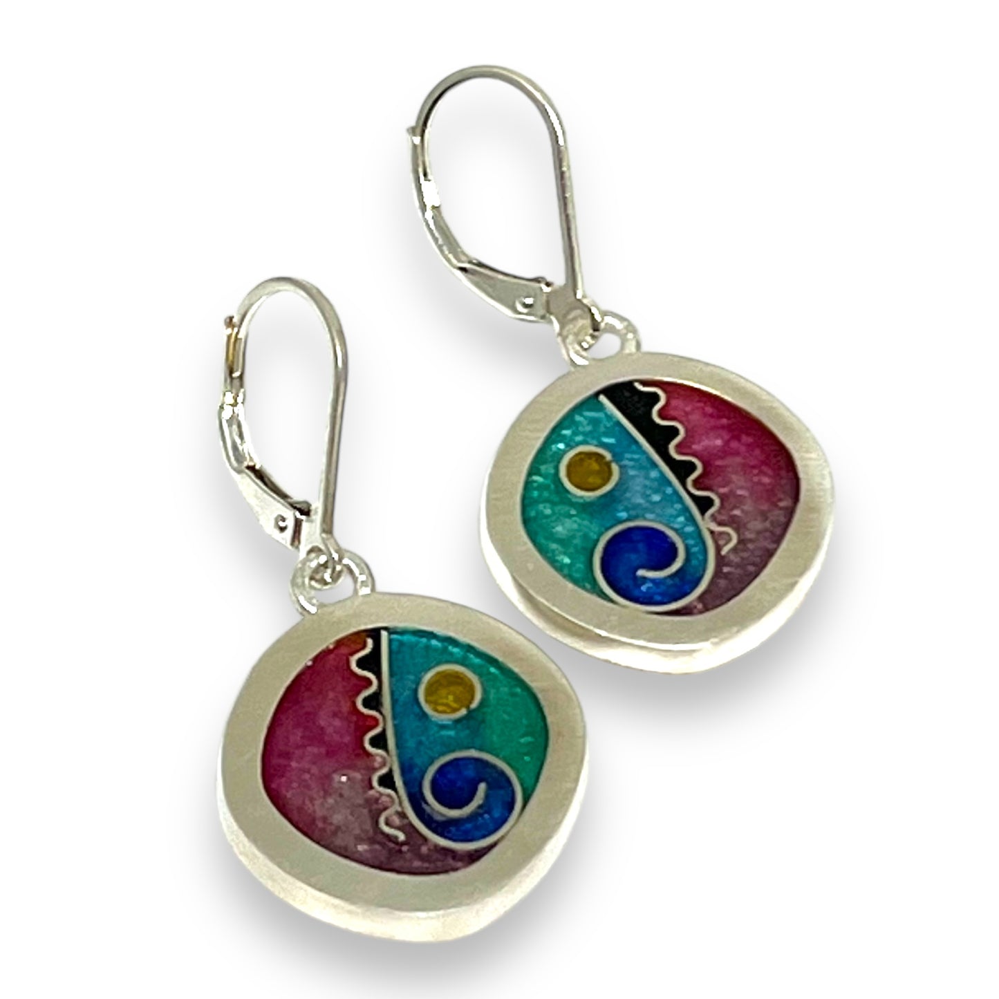Cloisonné Enameled Rounded Square Hanging Earrings-Ocean Color Palette