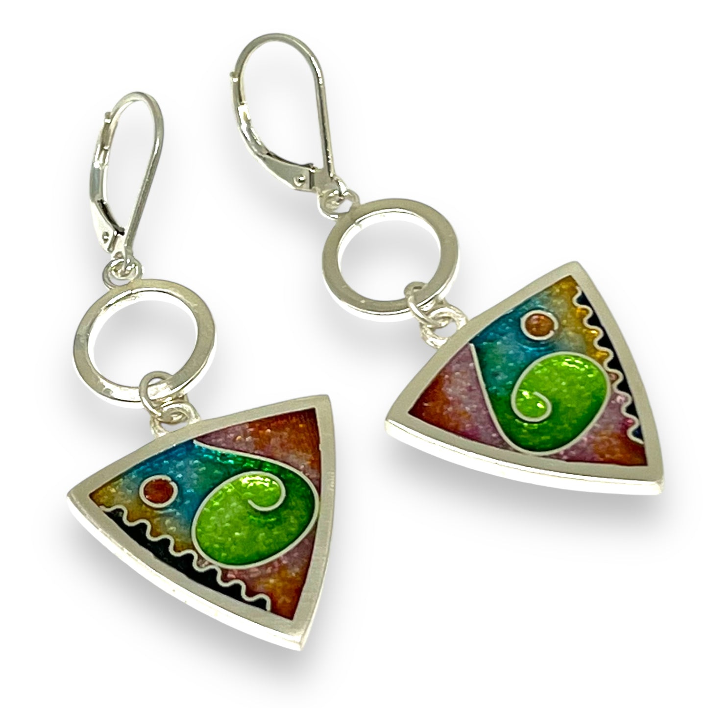 Cloisonné Enameled Triangle Hanging Earrings with Silver Washers– Meadow Color Palette