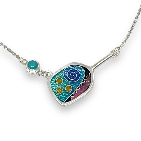 Cloisonné Enameled Pickleball Paddle and Ball Necklace-Ocean Color Palette