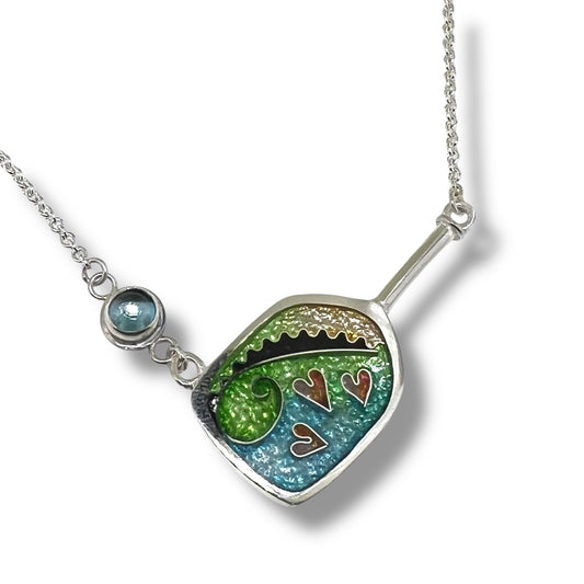 Cloisonné Enameled Pickleball Paddle & Ball Necklace -  Meadow