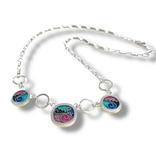 Cloisonné Enameled Square/Two Circle Necklace - Ocean Color Palette