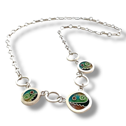 Cloisonné Enameled Square/Two Circle Necklace - Meadow Color Palette