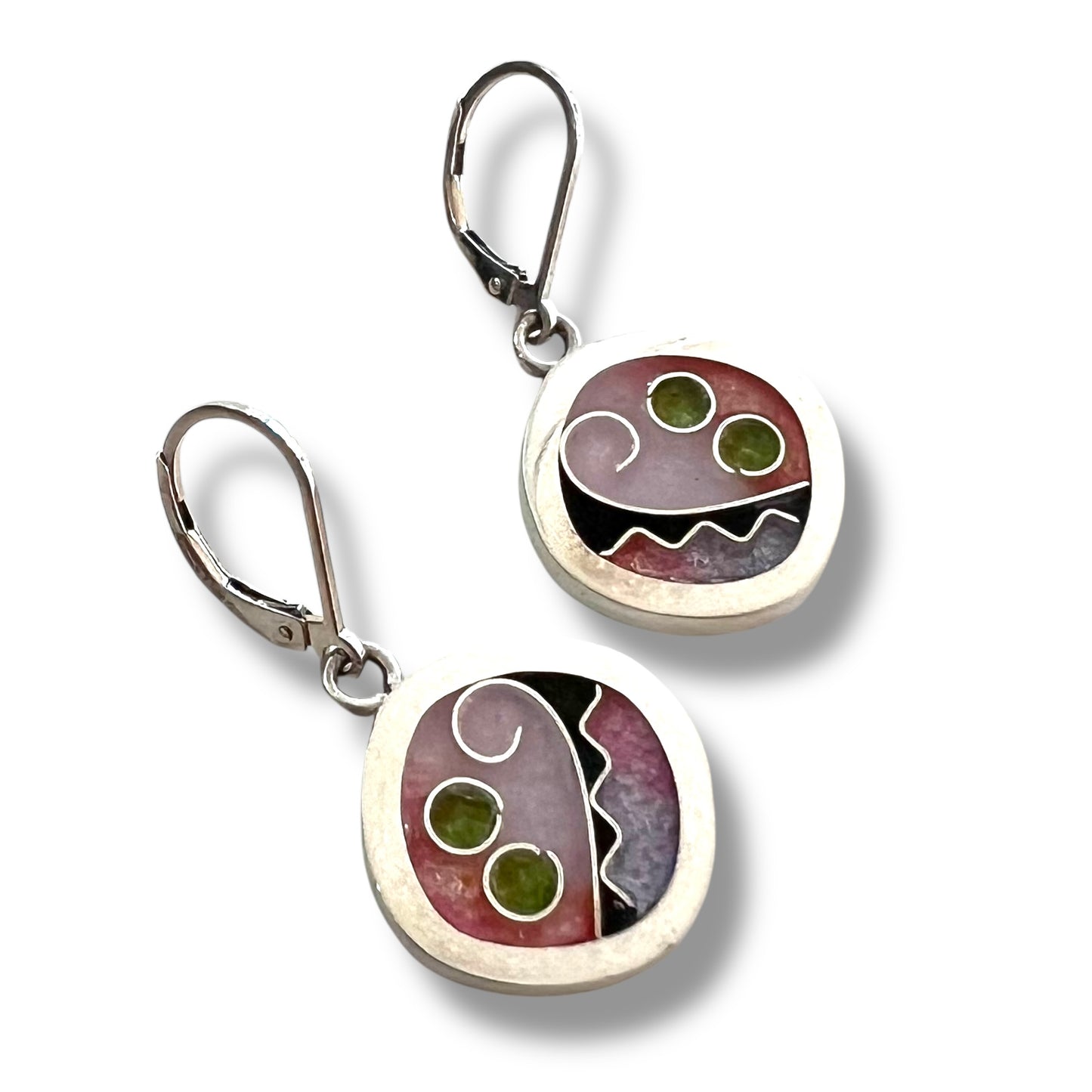 Cloisonné Enameled Rounded Square Hanging Earrings - Cherry Blossom Color Palette
