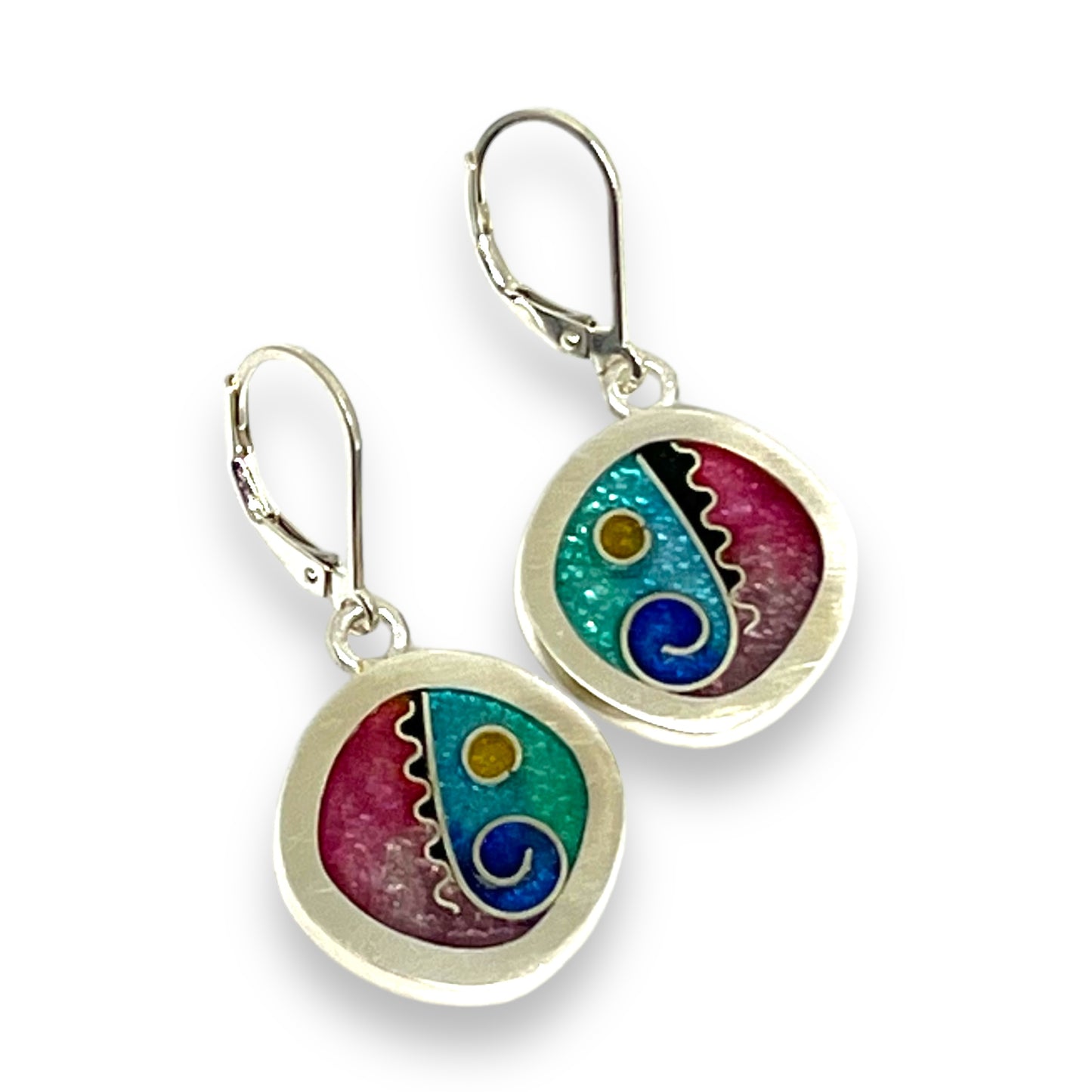 Cloisonné Enameled Rounded Square Hanging Earrings-Ocean Color Palette
