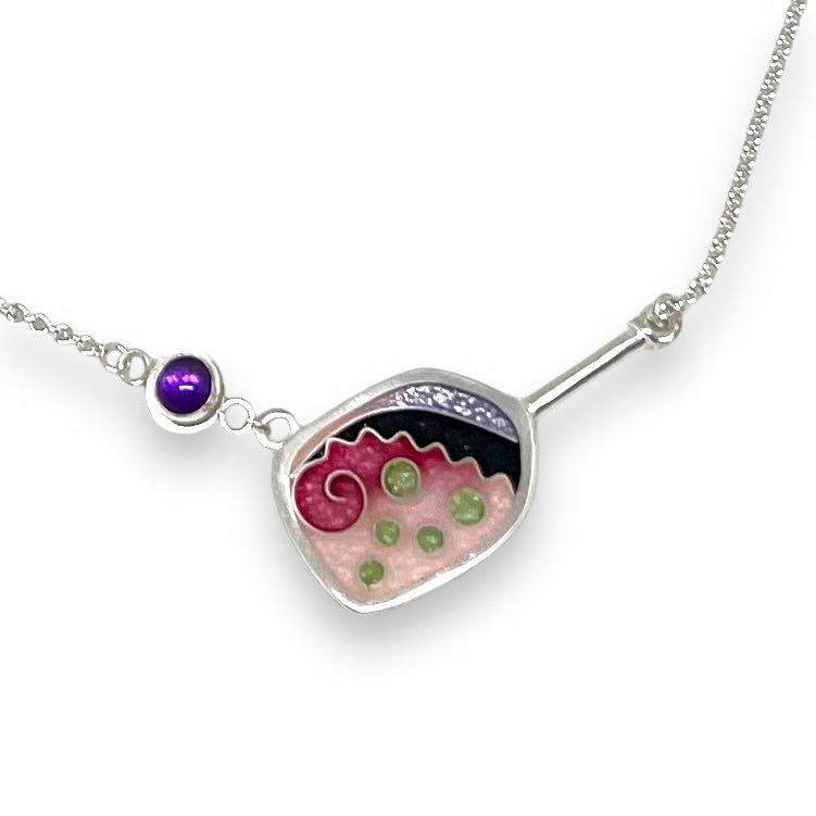 Cloisonné Enameled Pickleball Paddle & Ball Necklace-Cherry Blossom Color Palette