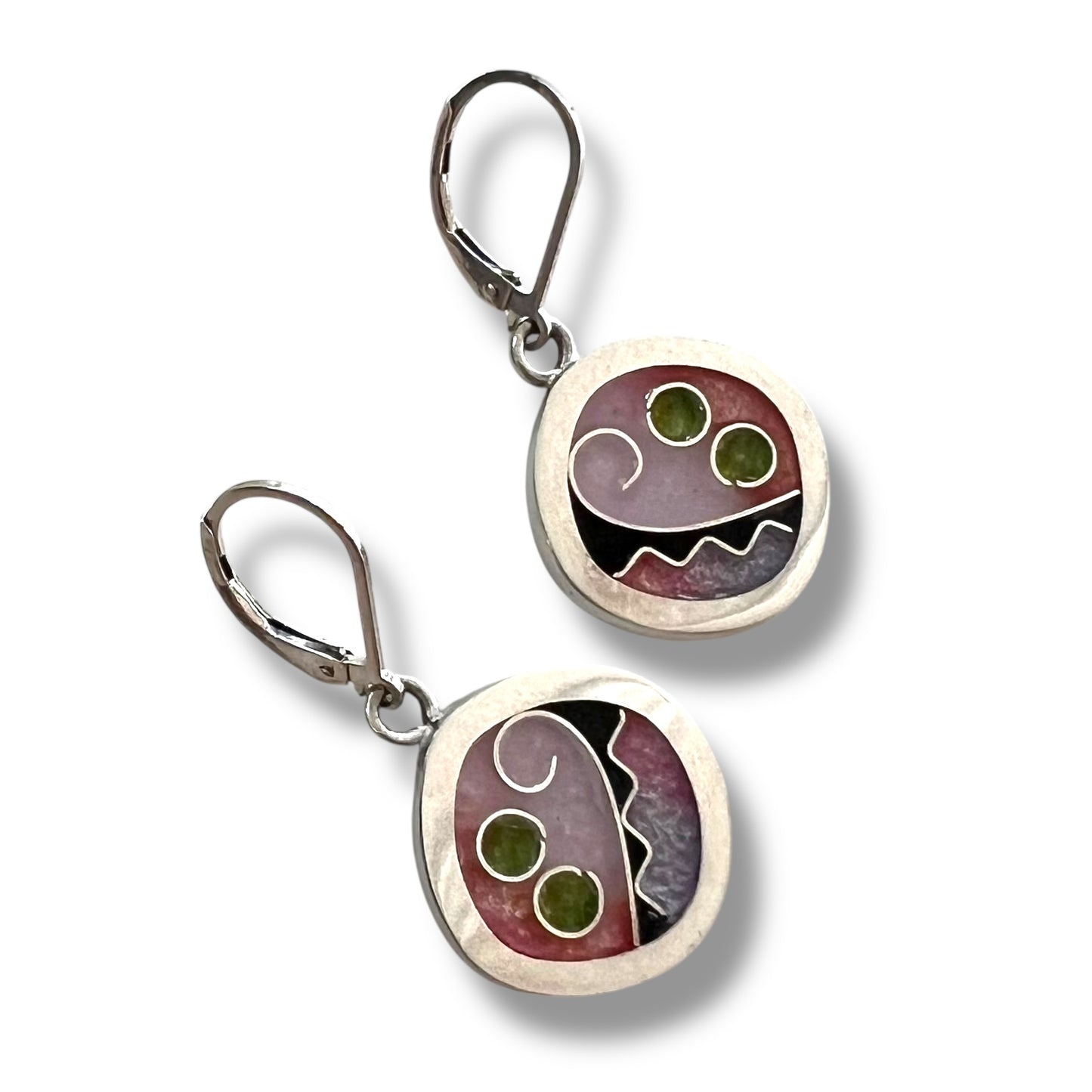 Cloisonné Enameled Rounded Square Hanging Earrings - Cherry Blossom Color Palette