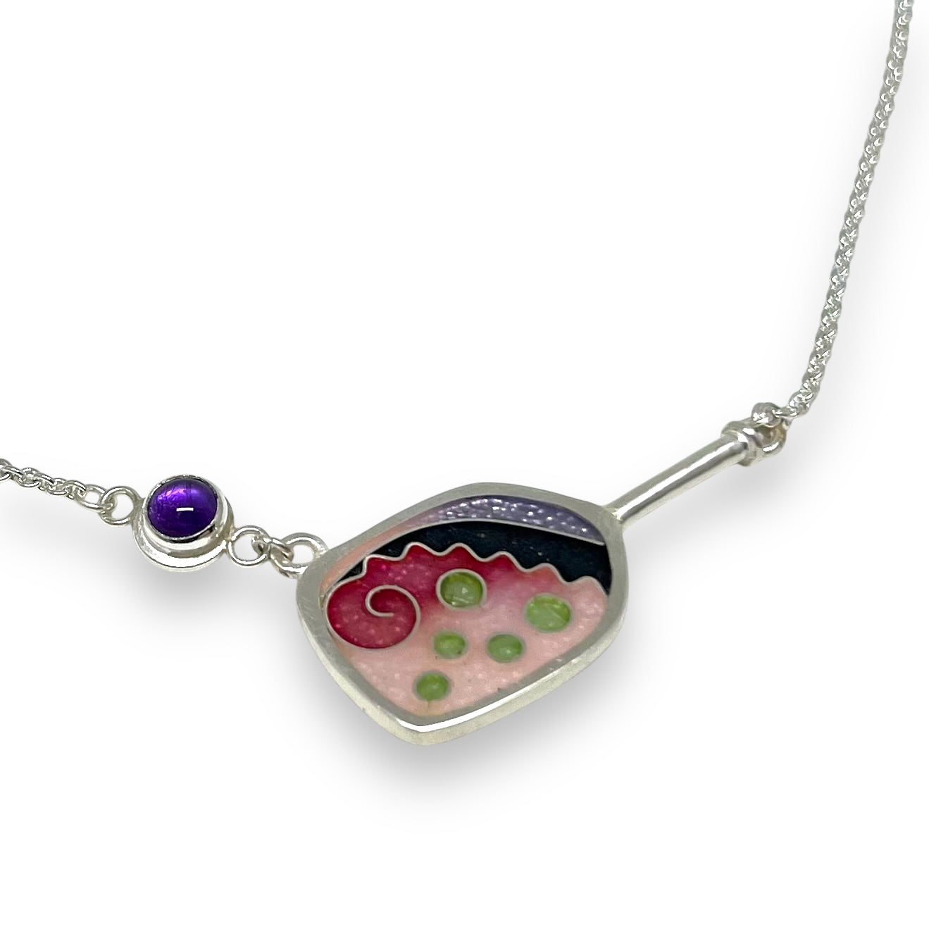 Cloisonné Enameled Pickleball Paddle & Ball Necklace-Cherry Blossom Color Palette